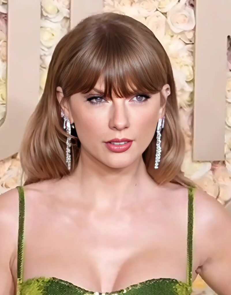 Close-up of a woman with bangs and dangling earrings wearing a green dress in front of a floral backdrop.