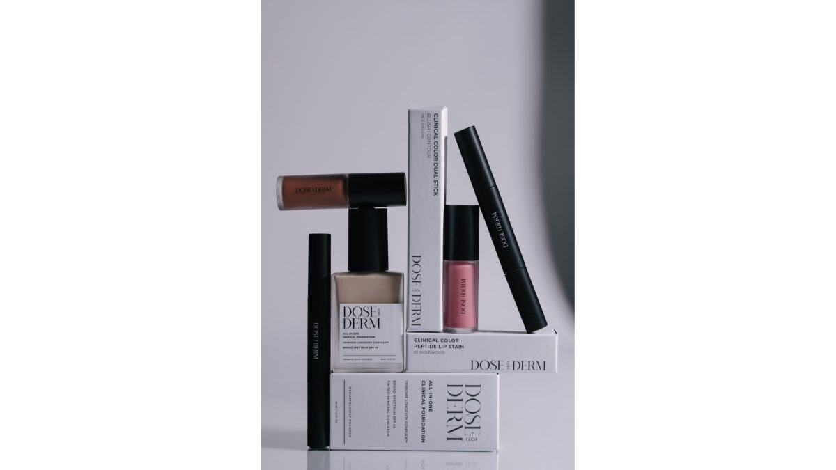 Product lineup of DOSE (OF) DERM makeup including foundation, lip stain, mascara, and packaging boxes.