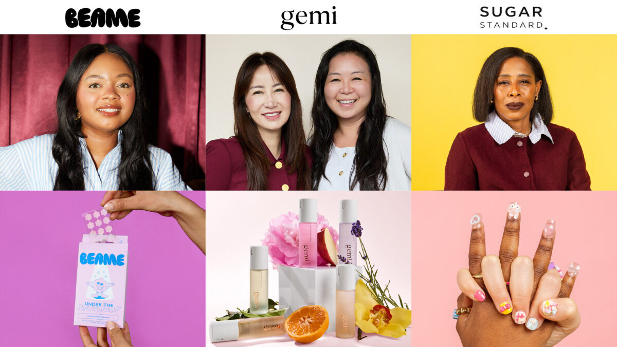 Grid of six images showing founders and products for beauty brands Beame, Gemi, and Sugar Standard.