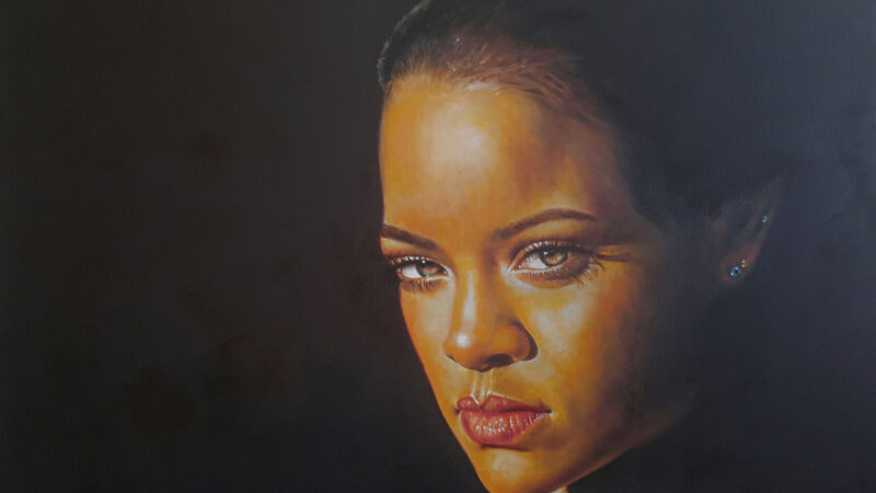 An oil painting portrait of a woman's face lit dramatically against a dark background, signed and dated 2019.