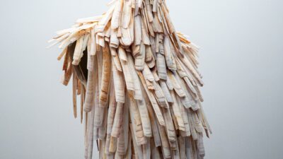 A sculptural garment covered in layered, shell-like material displayed against a plain background.
