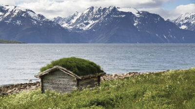 A wooden shed with a green grass roof sits by a fjord with snow-capped mountains in the background.